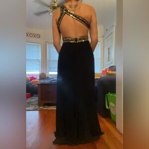 Midnight Blue One Shoulder Dress with Beaded Gold detail